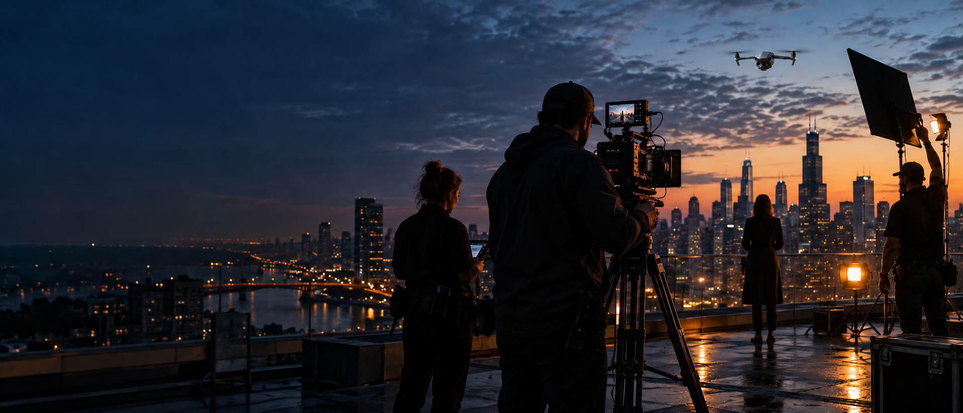 Professional production crew filming on location with an aerial camera drone